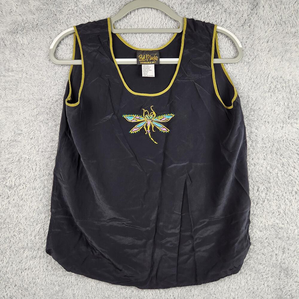 Vintage Bob Mackie Tank Top Womens Medium Black Silk Dragonfly Embroidered Boho